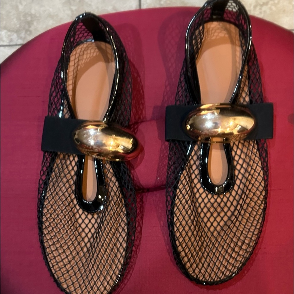Size 12 Mesh Black Shoes with Gold Tone Metal for a unique comfortable look